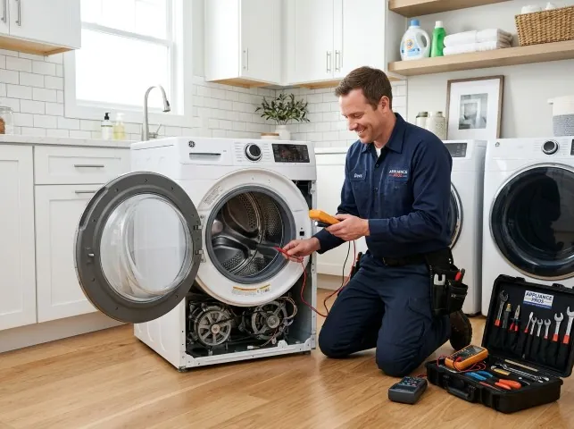 Appliance Repair Hero technician testing a front-load washer with a multimeter on a Buckeye, AZ service call
